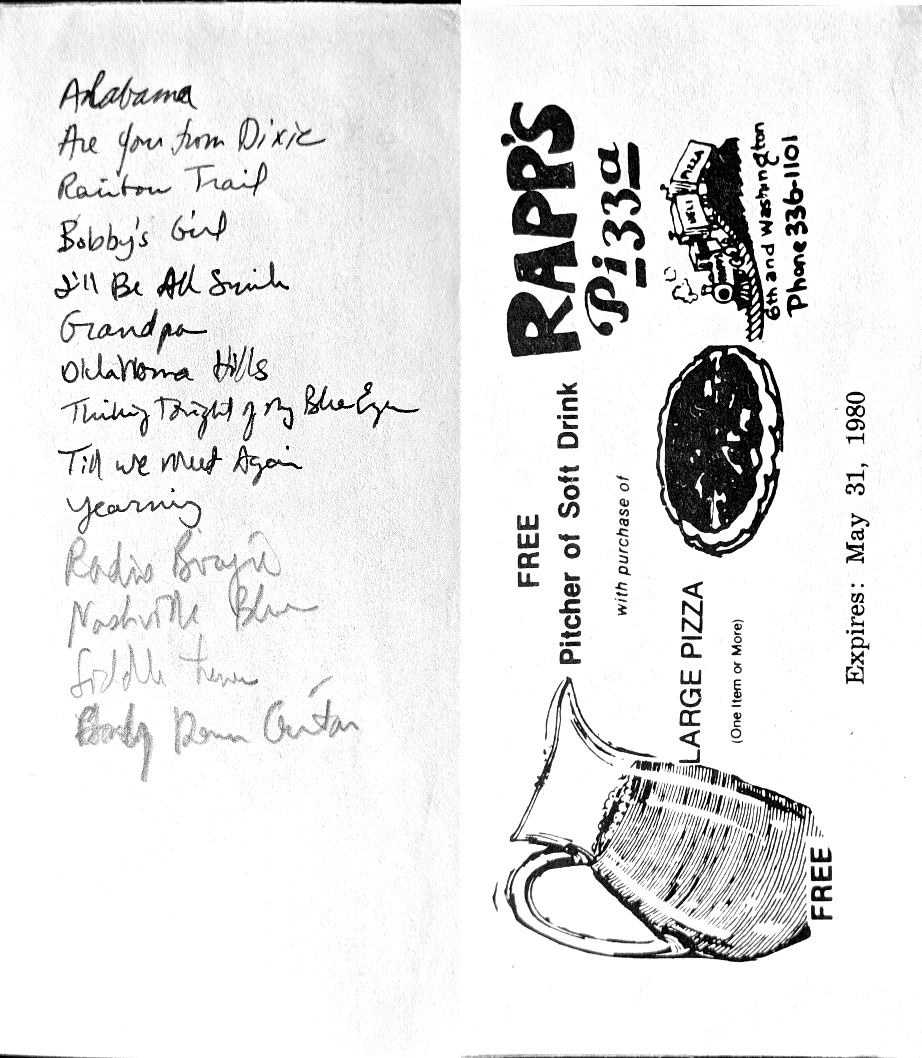 Knott Brothers set list written on the back of a Rapps pizza coupon.